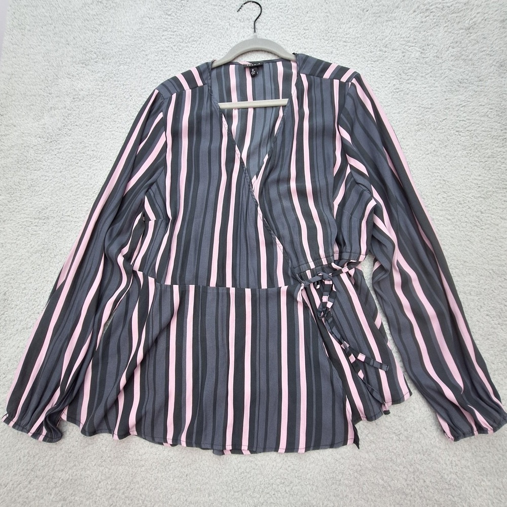 Torrid‎ Blouse Womens 2X Pink Grey Striped Wrap Peplum Long Sleeve
